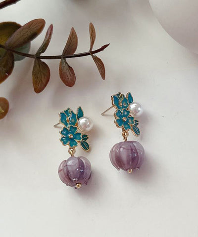 Pendientes colgantes de aleación de plata de ley azul retro con flores de linglan esmaltadas en color  Pendientes colgantes de aleación de plata de ley azul retro con flores de linglan esmaltadas en color