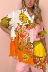 Blusa extragrande con botones y flores creativas de mezcla de lino para realzar tu estilo