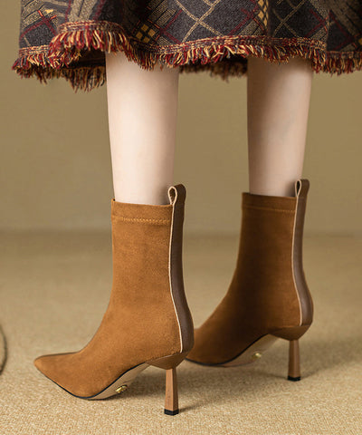 Splicing Stiletto Boots Khaki Suede Pointed Toe Splicing Stiletto Boots Khaki Suede Pointed Toe