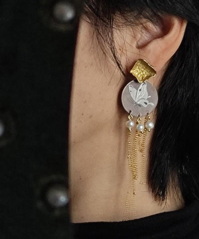 Original Design Gold Sterling Silver Overgild Pearl Butterfly Tassel Drop Earrings Original Design Gold Sterling Silver Overgild Pearl Butterfly Tassel Drop Earrings