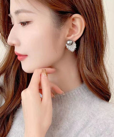 Fine Grey Sterling Silver Pearl Zircon Stud Earrings Fine Grey Sterling Silver Pearl Zircon Stud Earrings