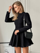 Skaterkleider Polyester Rundhals Rüschen Schwarz Schick Langarm Ausgestelltes Kleid Minikleider