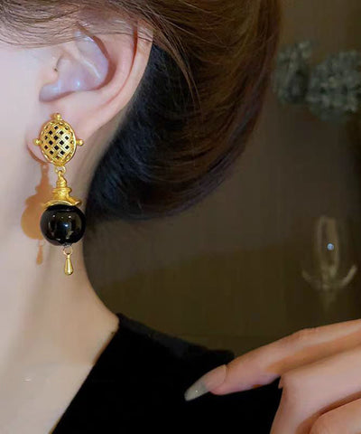 French Black Copper Alloy Gem Stone Enamel Drop Earrings French Black Copper Alloy Gem Stone Enamel Drop Earrings