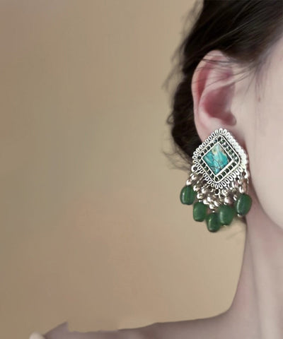 Original Design Green Alloy Glass Beads Tassel Stud Earrings Original Design Green Alloy Glass Beads Tassel Stud Earrings