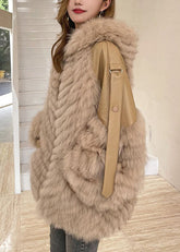 Französisch Khaki Kapuzentaschen Patchwork Leder und Pelz Mäntel Winter