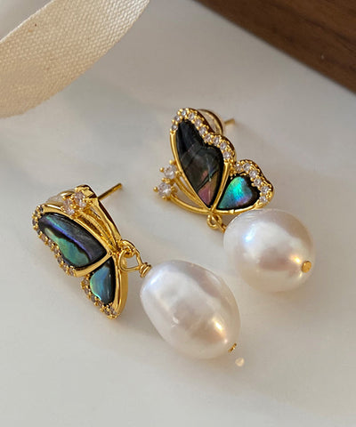 New Gold Sterling Silver Overgild Pearl Butterfly Drop Earrings New Gold Sterling Silver Overgild Pearl Butterfly Drop Earrings