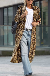 Revers, vorne offen, Leopardenmuster, Midi-Trendmantel