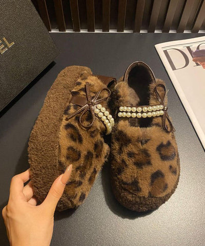 Leopard Faux Fur Stylish Splicing Nail Bead Flat Feet Shoes Leopard Faux Fur Stylish Splicing Nail Bead Flat Feet Shoes