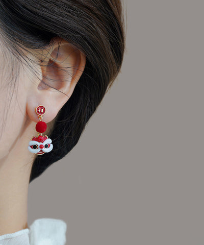 Original Design Red Copper Orange Silk Velvet Lion Dance Drop Earrings Original Design Red Copper Orange Silk Velvet Lion Dance Drop Earrings