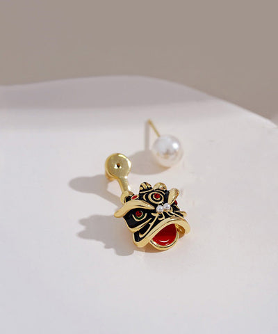 Original Design Gold Sterling Silver Overgild Pearl Lion Head Stud Earrings Original Design Gold Sterling Silver Overgild Pearl Lion Head Stud Earrings