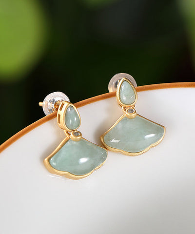 Original Design Cyan Sterling Silver Overgild Zircon Jade Ginkgo Leaf Stud Earrings Original Design Cyan Sterling Silver Overgild Zircon Jade Ginkgo Leaf Stud Earrings