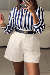 Tops casuales con cuello de camisa con hebilla y retazos a rayas