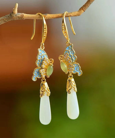 Retro Gold Sterling Silber Overgilt Jade Emaille Schmetterling Wassertropfen Tropfen Ohrringe  Retro Gold Sterling Silber Overgilt Jade Emaille Schmetterling Wassertropfen Tropfen Ohrringe