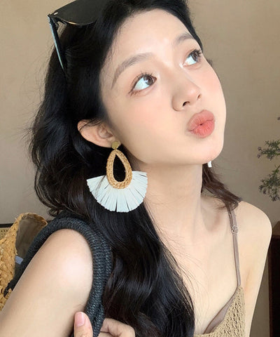 Handmade White Copper Straw Weaving Hoop Earrings Handmade White Copper Straw Weaving Hoop Earrings