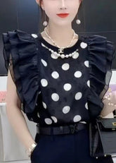 Nueva blusa de gasa negra con cuello redondo y volantes estampados de verano