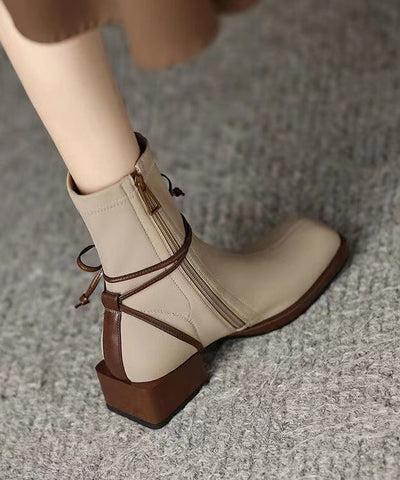 Boutique Apricot Zippered Lace Up Splicing Chunky Boots Boutique Apricot Zippered Lace Up Splicing Chunky Boots