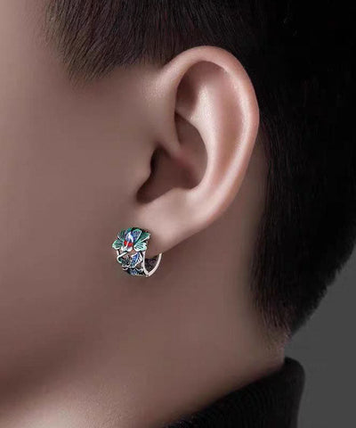 Men Silk Sterling Silver Peony Hoop Earrings Men Silk Sterling Silver Peony Hoop Earrings