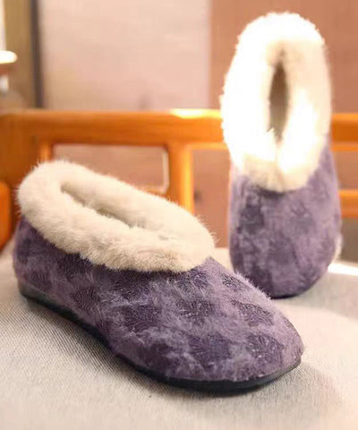 Zapatos planos cómodos de tela de algodón morado con empalme y forro de lana afelpada  Zapatos planos cómodos de tela de algodón morado con empalme y forro de lana afelpada