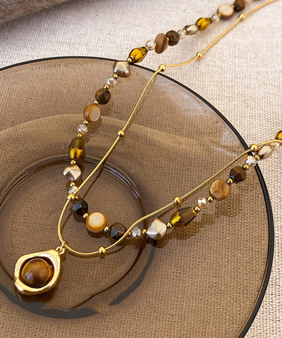 Mode Gold Kupfer Overgild Tiger Eye Stein Perlen Anhänger Halskette Zwei Stück Set  Mode Gold Kupfer Overgild Tiger Eye Stein Perlen Anhänger Halskette Zwei Stück Set