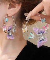 Cute Purple Alloy Zircon Knit Butterfly Hoop Earrings