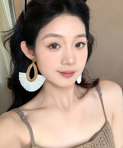 Handmade White Copper Straw Weaving Hoop Earrings Handmade White Copper Straw Weaving Hoop Earrings