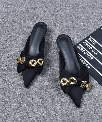Sandalias negras con lazo y lentejuelas, estilo gatito, punta puntiaguda  Sandalias negras con lazo y lentejuelas, estilo gatito, punta puntiaguda