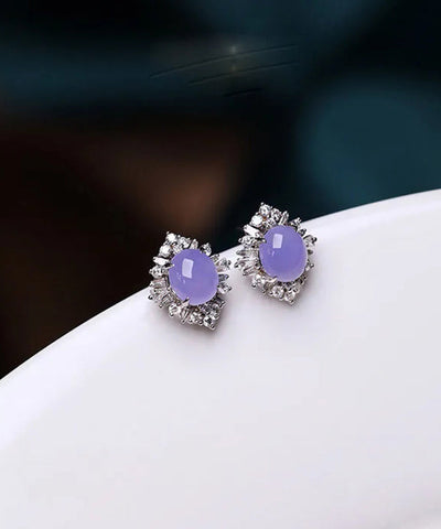 Fine Purple Sterling Silver Inlaid Zircon Jade Stud Earrings Fine Purple Sterling Silver Inlaid Zircon Jade Stud Earrings