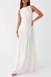 Vestido largo de noche inolvidable de mezcla de lino con botones y cintura baja