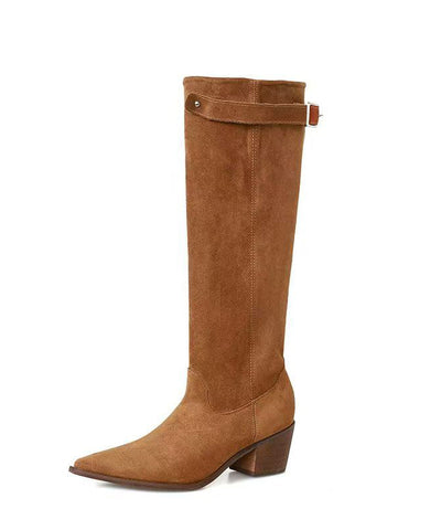 Botas gruesas de piel de vaca marrón con diseño de empalme de moda  Botas gruesas de piel de vaca marrón con diseño de empalme de moda