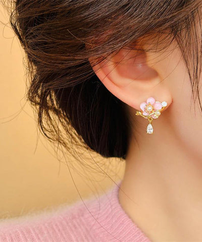 Original Design Gold Copper Alloy Zircon Pearl Resin Asymmetrical Floral Drop Earrings Original Design Gold Copper Alloy Zircon Pearl Resin Asymmetrical Floral Drop Earrings