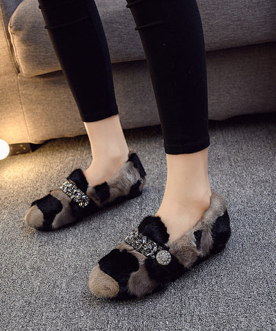 Black Khaki Mink Hair Boutique Splicing Zircon Flat Shoes Black Khaki Mink Hair Boutique Splicing Zircon Flat Shoes