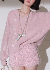 Schöne Rosa V-Ausschnitt Pailletten Patchwork Strickpullover Herbst