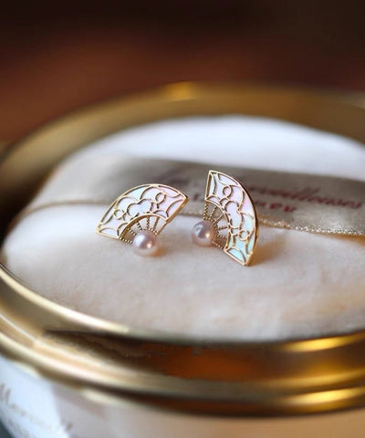 Pendientes retro de concha en forma de abanico con dorado dorado y cobre naranja  Pendientes retro de concha en forma de abanico con dorado dorado y cobre naranja