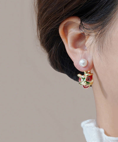 Original Design Gold Sterling Silver Overgild Pearl Lion Head Stud Earrings Original Design Gold Sterling Silver Overgild Pearl Lion Head Stud Earrings