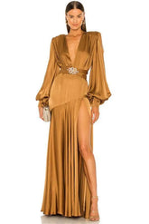 Lantern Sleeve V-Neck Slit Maxi Dress Yellow