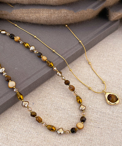 Mode Gold Kupfer Overgild Tiger Eye Stein Perlen Anhänger Halskette Zwei Stück Set  Mode Gold Kupfer Overgild Tiger Eye Stein Perlen Anhänger Halskette Zwei Stück Set