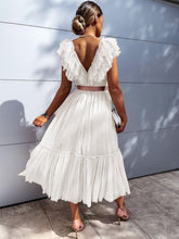 Lace Dresses White V-Neck Sleeveless Asymmetrical Ruffles Lace Up Casual Maxi Dresses