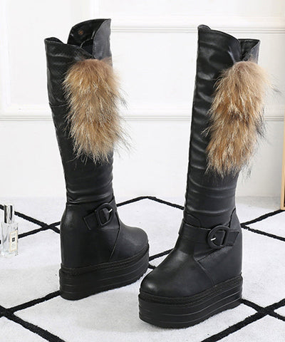 Boutique Fox Fur Splicing Platform Boots Black Faux Leather Boutique Fox Fur Splicing Platform Boots Black Faux Leather