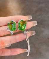 Boutique Green Copper Zircon Asymmetrical Square Bow Drop Earrings