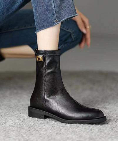 Comfy Splicing Chunky Boots Black Cowhide Leather Comfy Splicing Chunky Boots Black Cowhide Leather