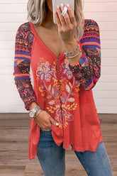 Meridress Vintage Buttons V Neck Printed Swing T-shirt