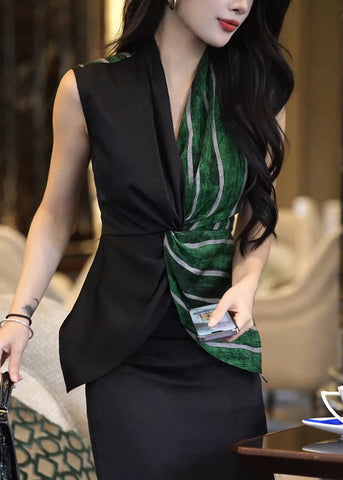 Modisches Colorblock-Shirt mit V-Ausschnitt, gestreift, Patchwork, schmeichelhaft, ärmellos  Modisches Colorblock-Shirt mit V-Ausschnitt, gestreift, Patchwork, schmeichelhaft, ärmellos