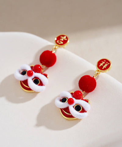 Original Design Red Copper Orange Silk Velvet Lion Dance Drop Earrings Original Design Red Copper Orange Silk Velvet Lion Dance Drop Earrings