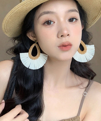 Handmade White Copper Straw Weaving Hoop Earrings Handmade White Copper Straw Weaving Hoop Earrings