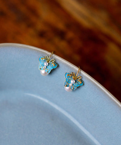 Handmade Blue Sterling Silver Overgild Pearl Enamel Butterfly Drop Earrings Handmade Blue Sterling Silver Overgild Pearl Enamel Butterfly Drop Earrings