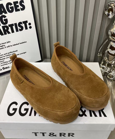 Zapatos planos cómodos de empalme para mujer de ante amarillo  Zapatos planos cómodos de empalme para mujer de ante amarillo