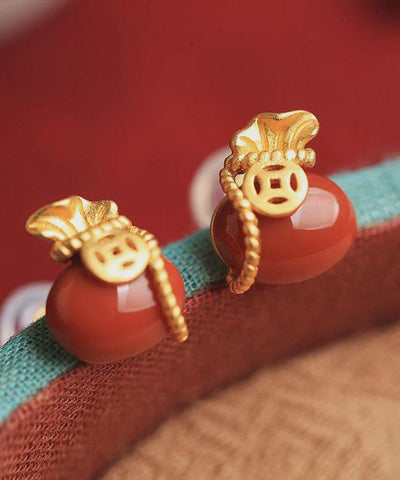Pendientes retro de plata de ley verde claro con jade dorado y diseño de bolsa de bendición  Pendientes retro de plata de ley verde claro con jade dorado y diseño de bolsa de bendición
