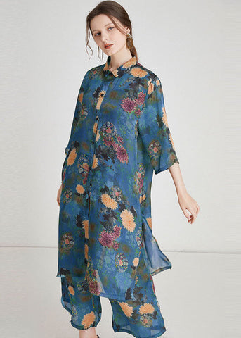Conjunto de dos piezas de gasa con abertura lateral y estampado azul de moda para verano  Conjunto de dos piezas de gasa con abertura lateral y estampado azul de moda para verano