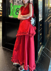 Neu Rot Rüschen Tops Und Röcke Baumwolle Zwei Stück Set Ärmellose