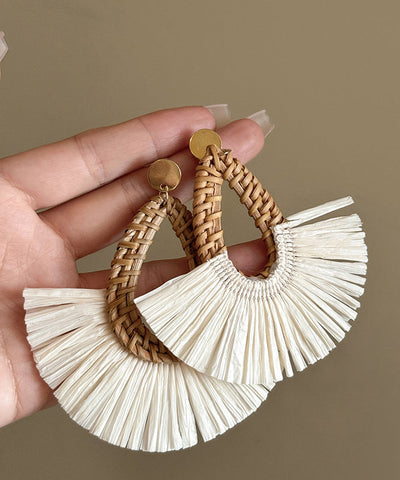 Handmade White Copper Straw Weaving Hoop Earrings Handmade White Copper Straw Weaving Hoop Earrings